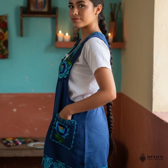 Blue Mexican Embroidered Apron – Basic Handmade Apron with Floral Design - Picture 2 of 9